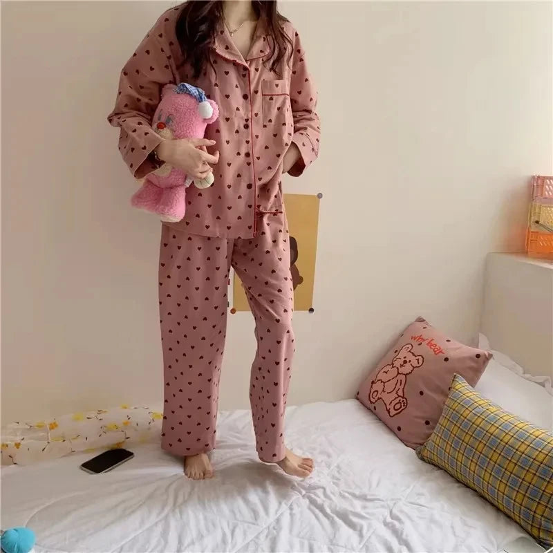 Peach Heart Long Sleeves Silk Pajamas