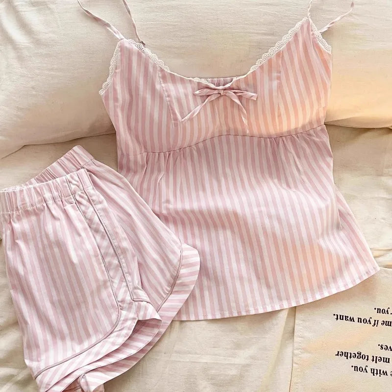 Cute Bow Sweet Striped Spaghetti Strap Top And Shorts Two-piece Pajamas Set