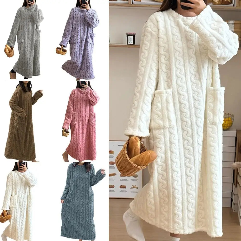 Velvet Women's Long Sleeve Double Pocket Flannel Loose Solid Sleepwear