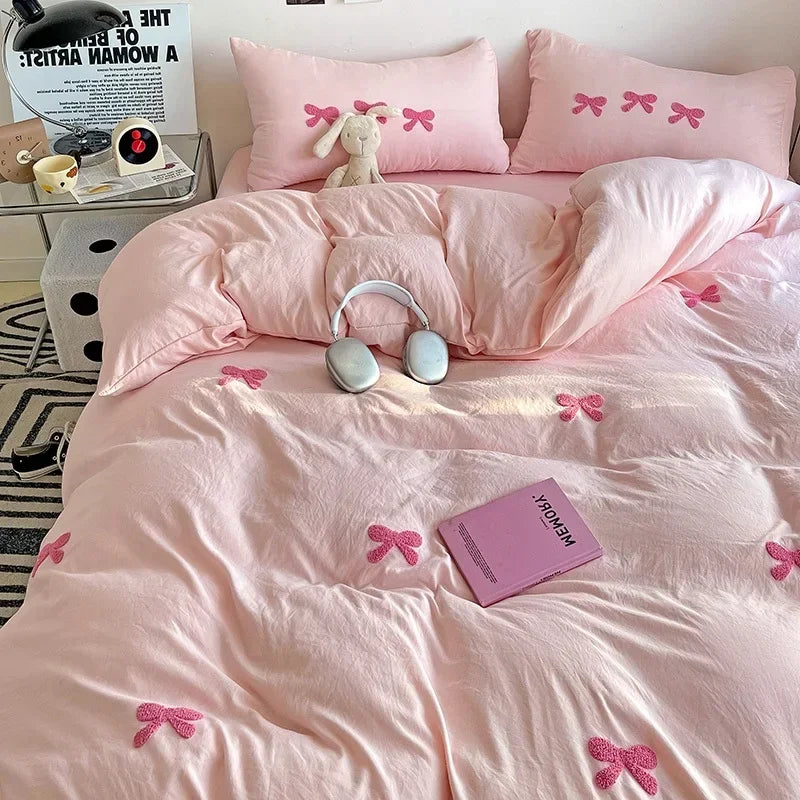 3D Embroidered Bow Quilt Set Cotton Pink Comfortable Soft Bedding