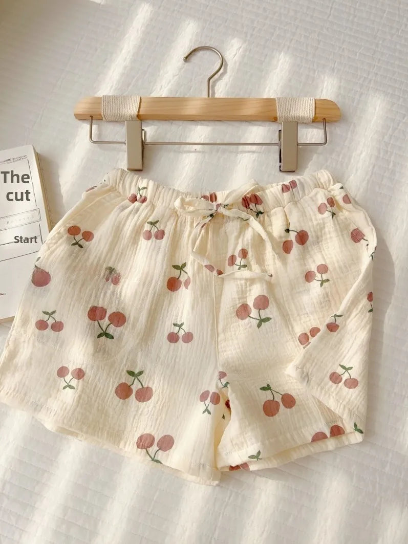 Thin Pure Cotton Bubble Cotton Gauze Sweet Loose High Waist Full Cotton Shorts