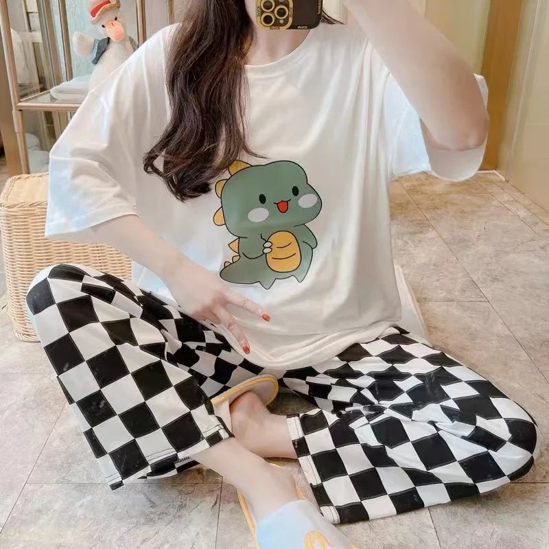 Ladies Comfortable Cartoon Half-sleeved Long Pants Two-piece Set