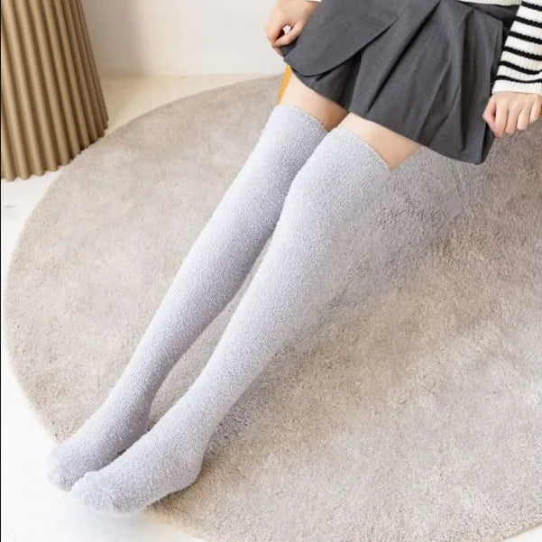 Fuzzy Fleece Over Knee Socks Plush Cozy Lined Terry Socks