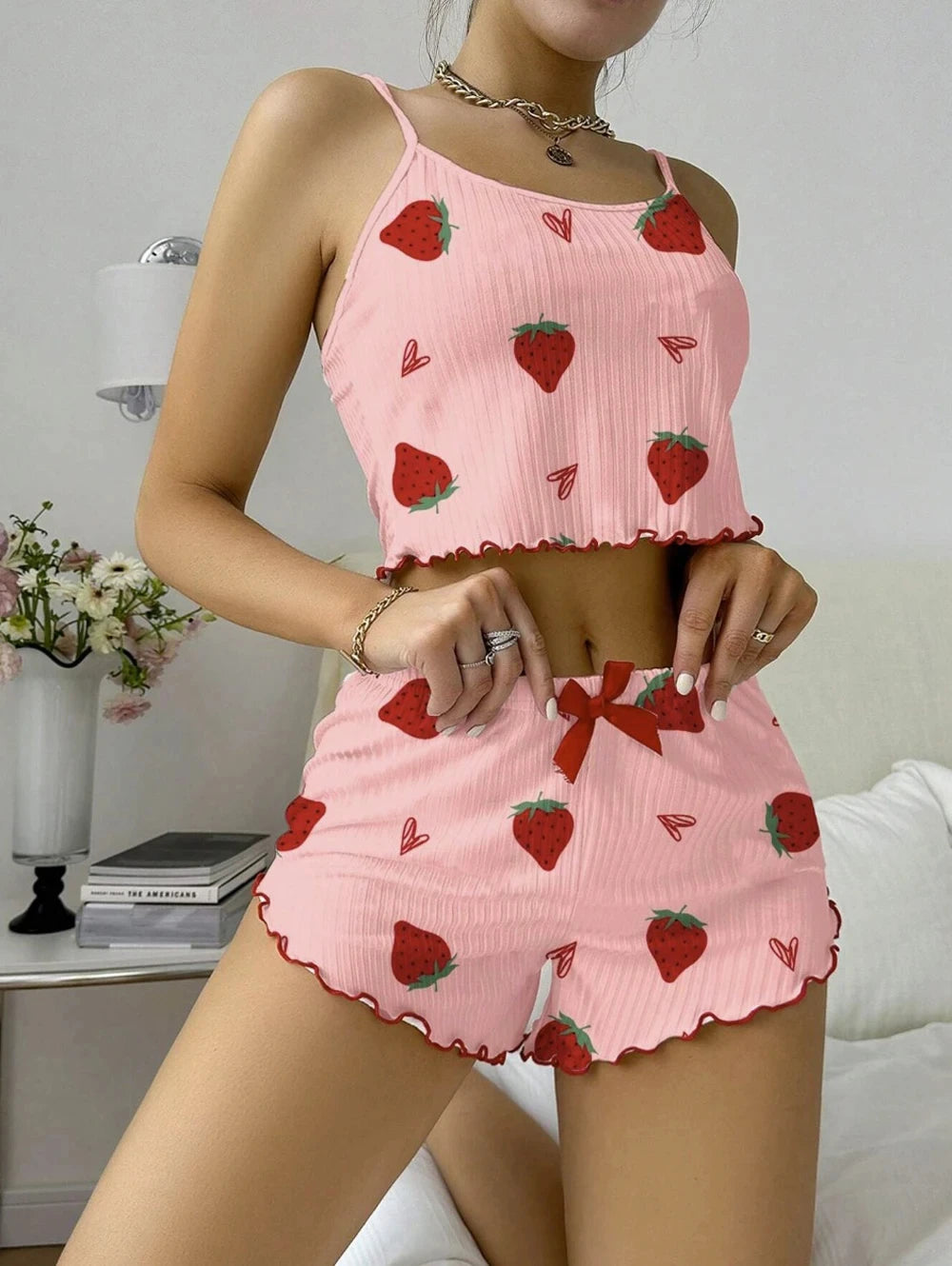 Strawberry Print Ribbed Two-Piece Knit Camisole Pajama Set
