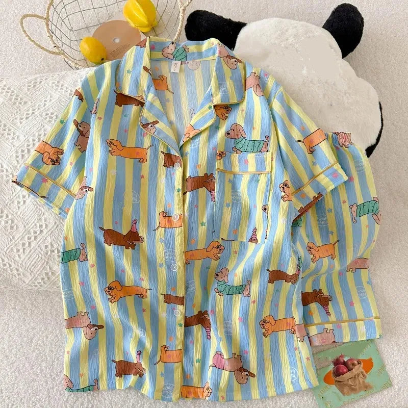 Star Striped Dog Print Kawaii Pajamas