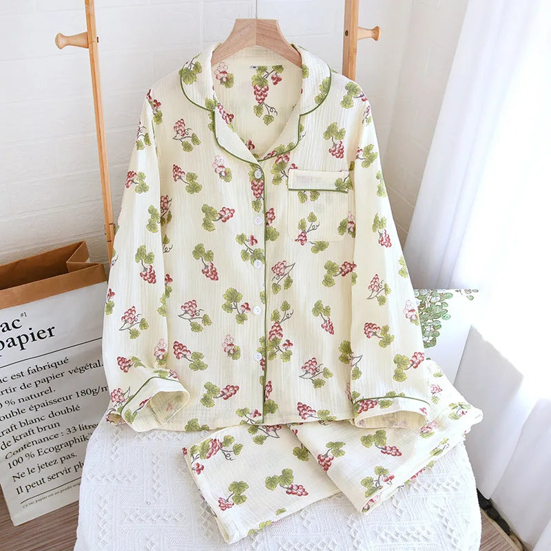 Ladies 100% Cotton Crepe Long sleeved Pants Two-piece Cute and Sweet Set