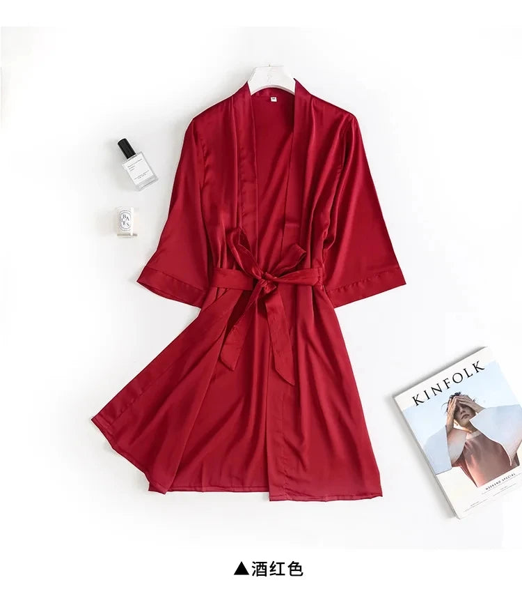 Ladies Bride- style Morning 3/4 Sleeve Loose Female Silk Satin Kimono Lingerie Gown