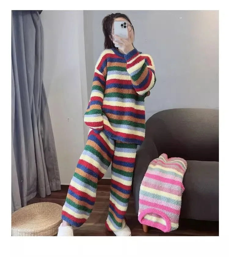 Cute Rainbow Pattern Simple Half-Fleece Warm Pajamas
