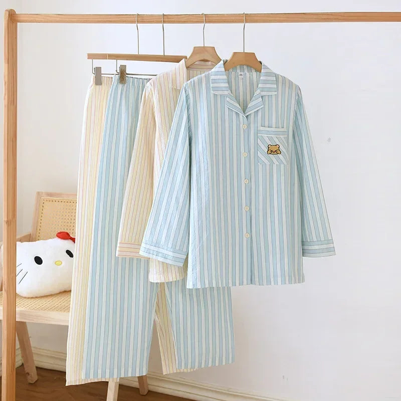 Japanese Style Women's Striped Pajama Set 100% Cotton Long Sleeve Long Pants Two Piece Set