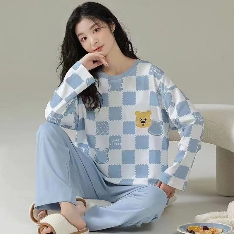 Cotton High Quality Large Size Ladies Pullover Long-Sleeved Cartoon Home wear 2PCS/Set