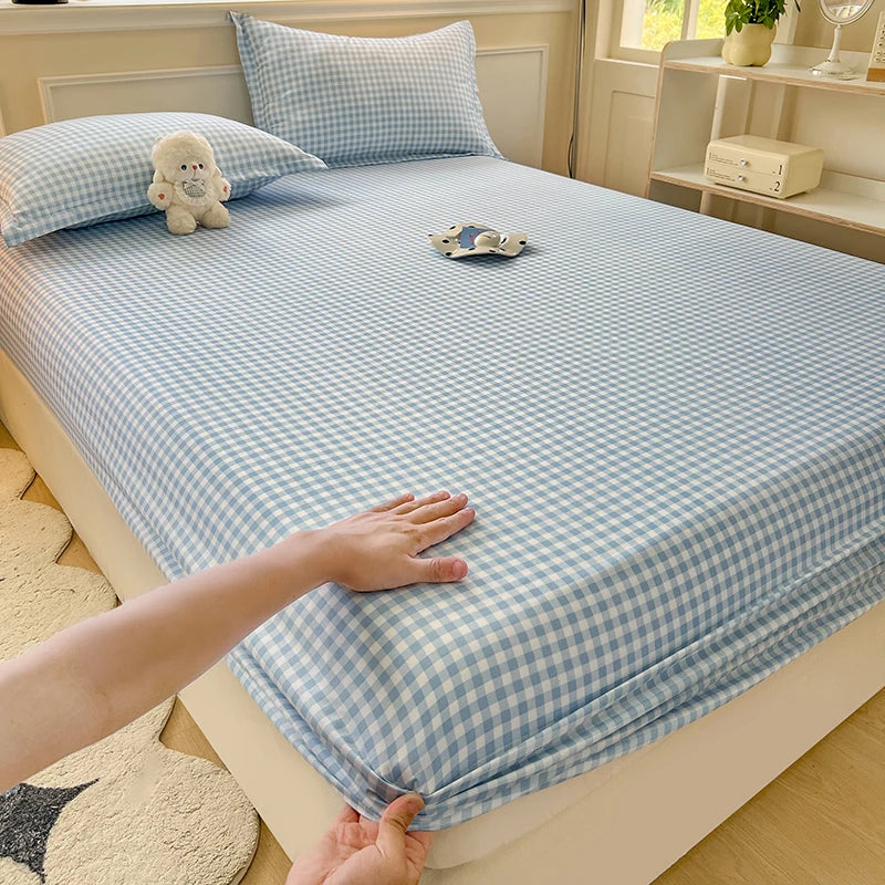 Plaid Style Fitted Sheet Skin-friendly Bed Cover Elastic Bedsheet Linen (No Pillowcase)