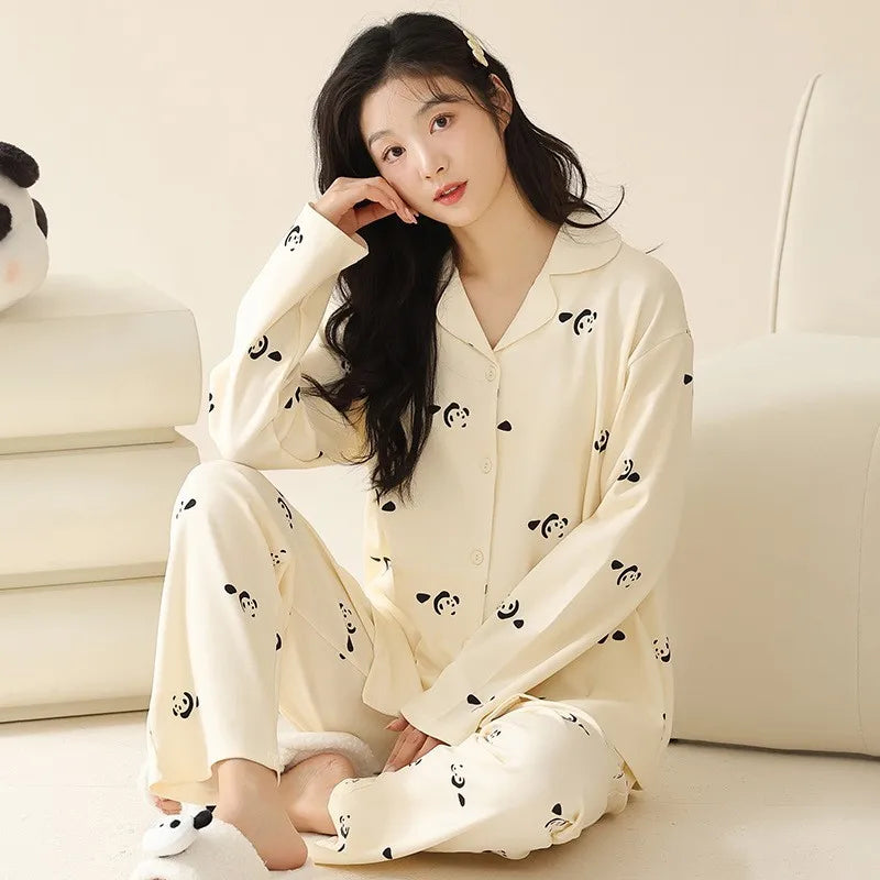 Women's Cardigan Long-sleeved Long Pants Cotton Comfortable Pajamas