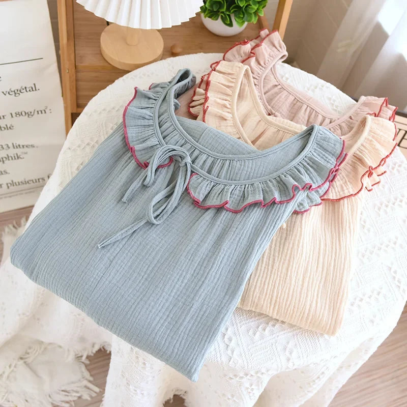 Ruffle Edge Sleeveless Camisole Women's Nightgown Double-layer Gauze Long Style Night Dress