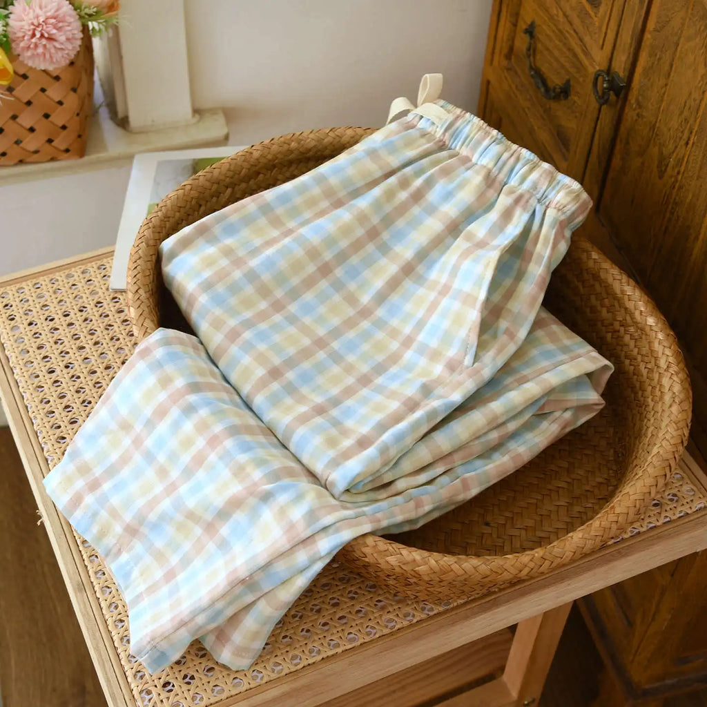 Women's Sleeper Pants 100% Gauze Pants Checkered Casual Loose Home Pants