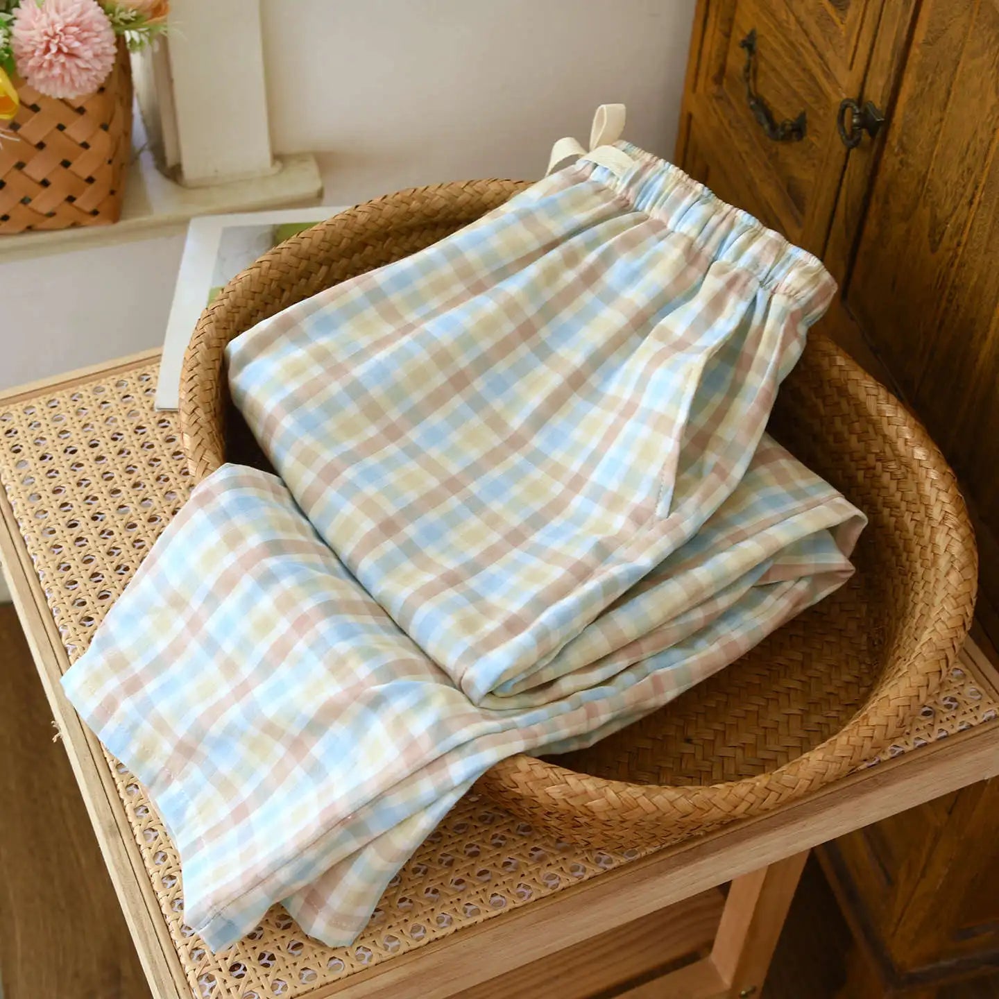 Women's Sleeper Pants 100% Gauze Pants Checkered Casual Loose Home Pants