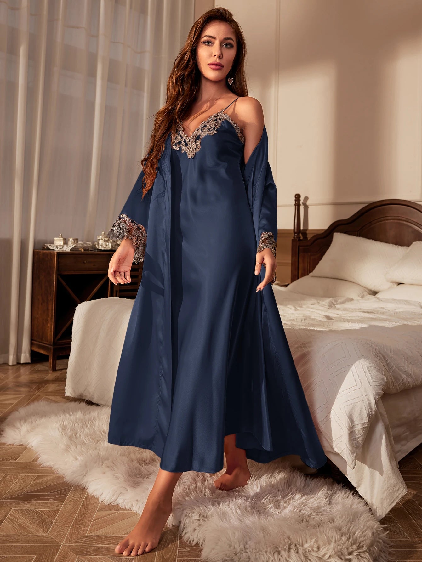 Contrast Lace Pajama Set Long Sleeve Robe With Belt V Neck Slip Dress