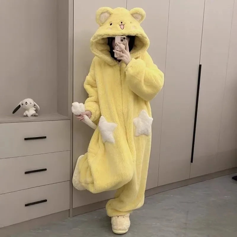 Star Patch Cute Jumpsuit Coral Fleece Pajamas
