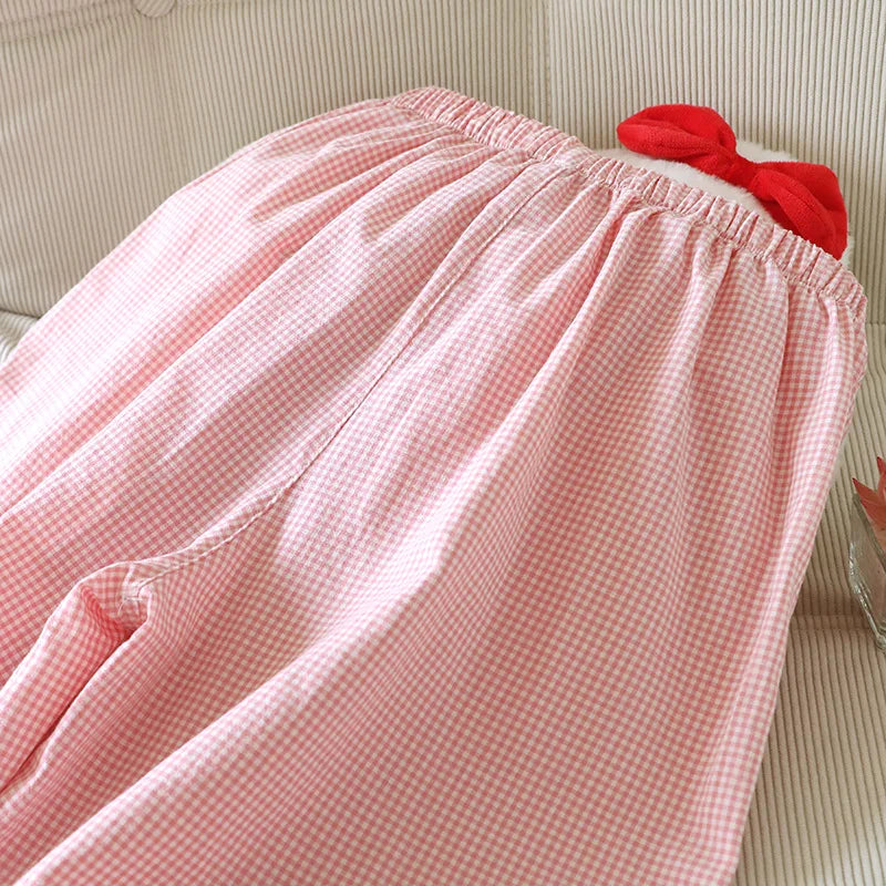 Loose Size Plaid Pajama Pants Elastic Waist Casual Homewear Women Nine-point Trousers