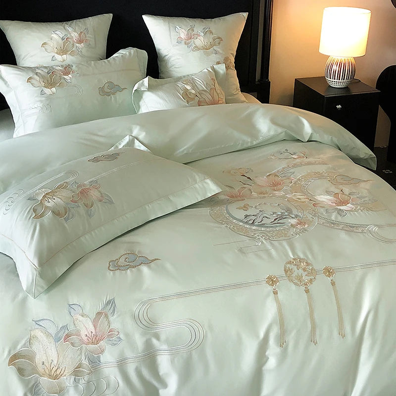 Flowers Bird Embroidery Luxury Bedding Set 1000TC Egyptian Cotton Duvet Cover Bed Sheet Pillowcases 4/5Pcs