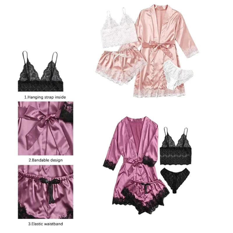 Sexy Four Piece Lace Satin With Silk Sleepwear Robe Fashion And Comfortable Nightwear