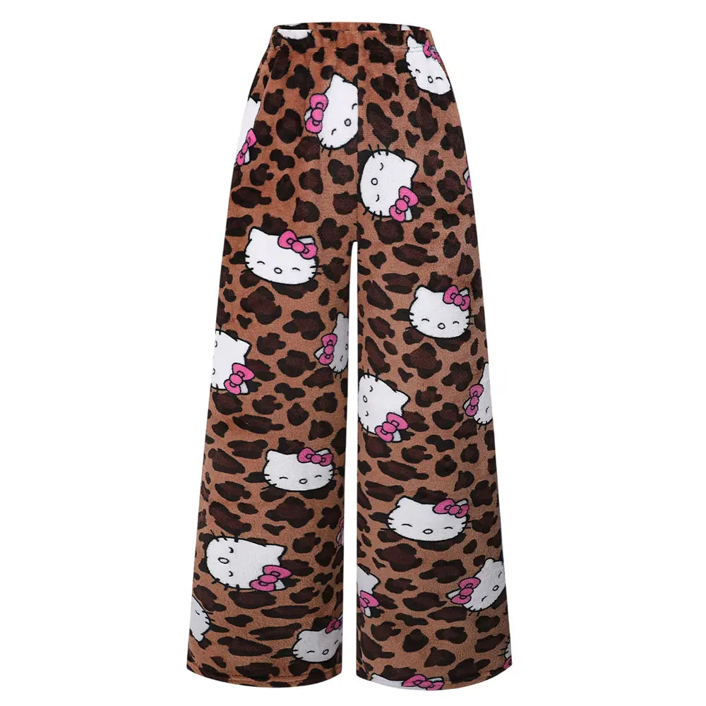 Y2K Leopard Print Pajamas Pants Anime Hello Kitty Sleepwear Trousers
