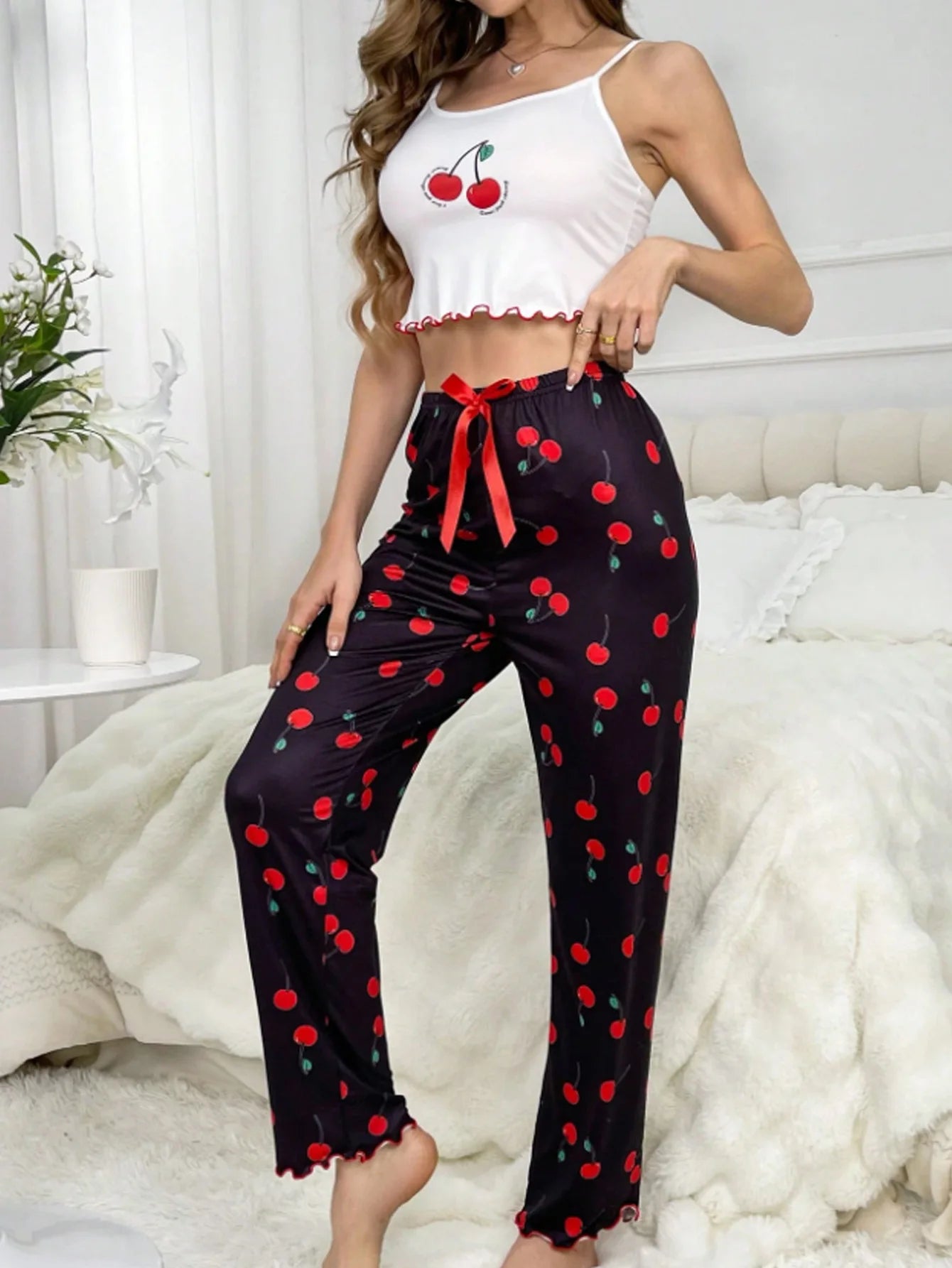 Y2K Coquette Cherry Print Pajama Cami Crop Top Pants Two Piece Loungewear