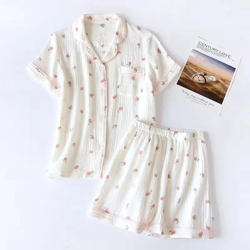Ladies Short-sleeved Shorts 100% Cotton Crepe Cloth Thin Home Service Two-piece Set