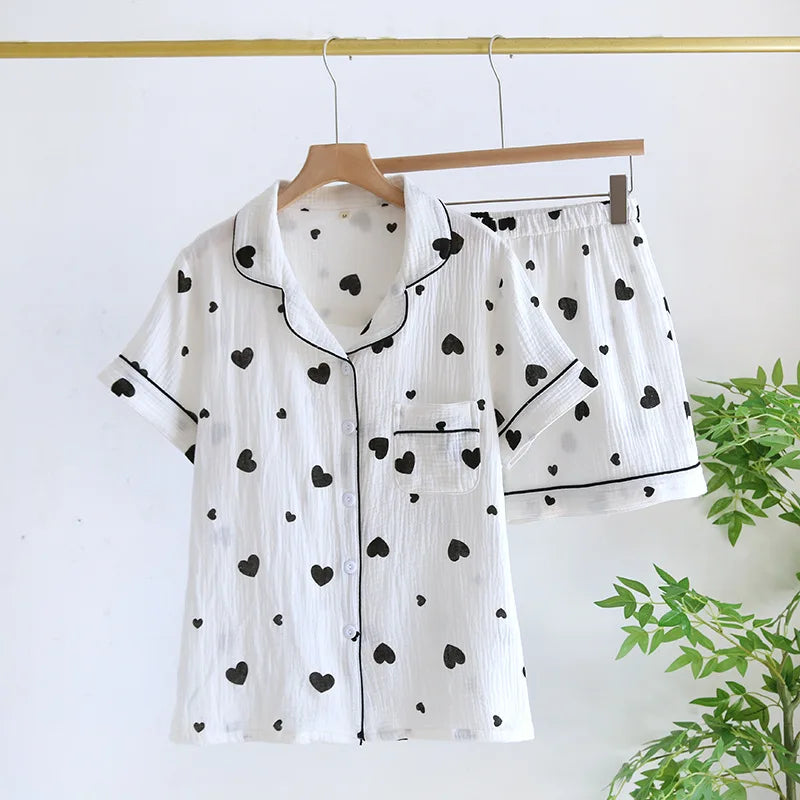 Japanese Short-sleeved Shorts Two-piece Ladies Cotton Crepe Cute Fresh Loose Set