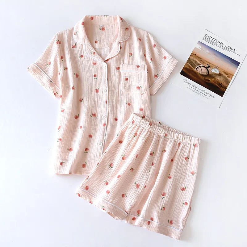 Japanese Short-sleeved Shorts Two-piece Ladies Cotton Crepe Cute Fresh Loose Set