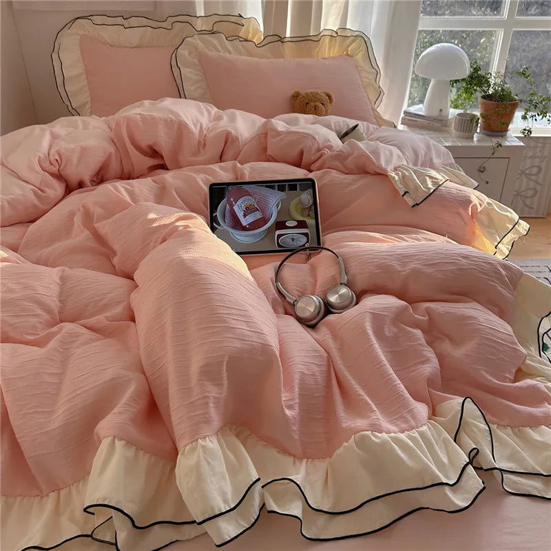 Princess Style Ruffles Bedding Set Skin-friendly Soft Duvet Cover Set Bed Sheet Or Bed Skirt Pillowcases 3/4Pcs