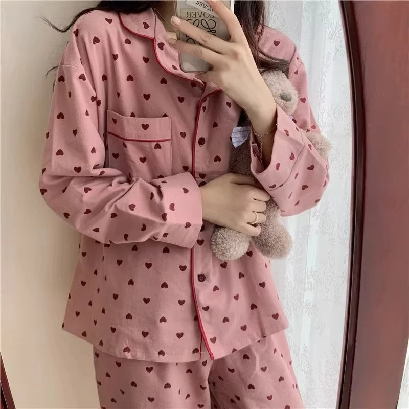 Peach Heart Long Sleeves Silk Pajamas
