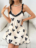 Lace-embroidered Halter Nightgown with Bow Design and Ruffled Hem