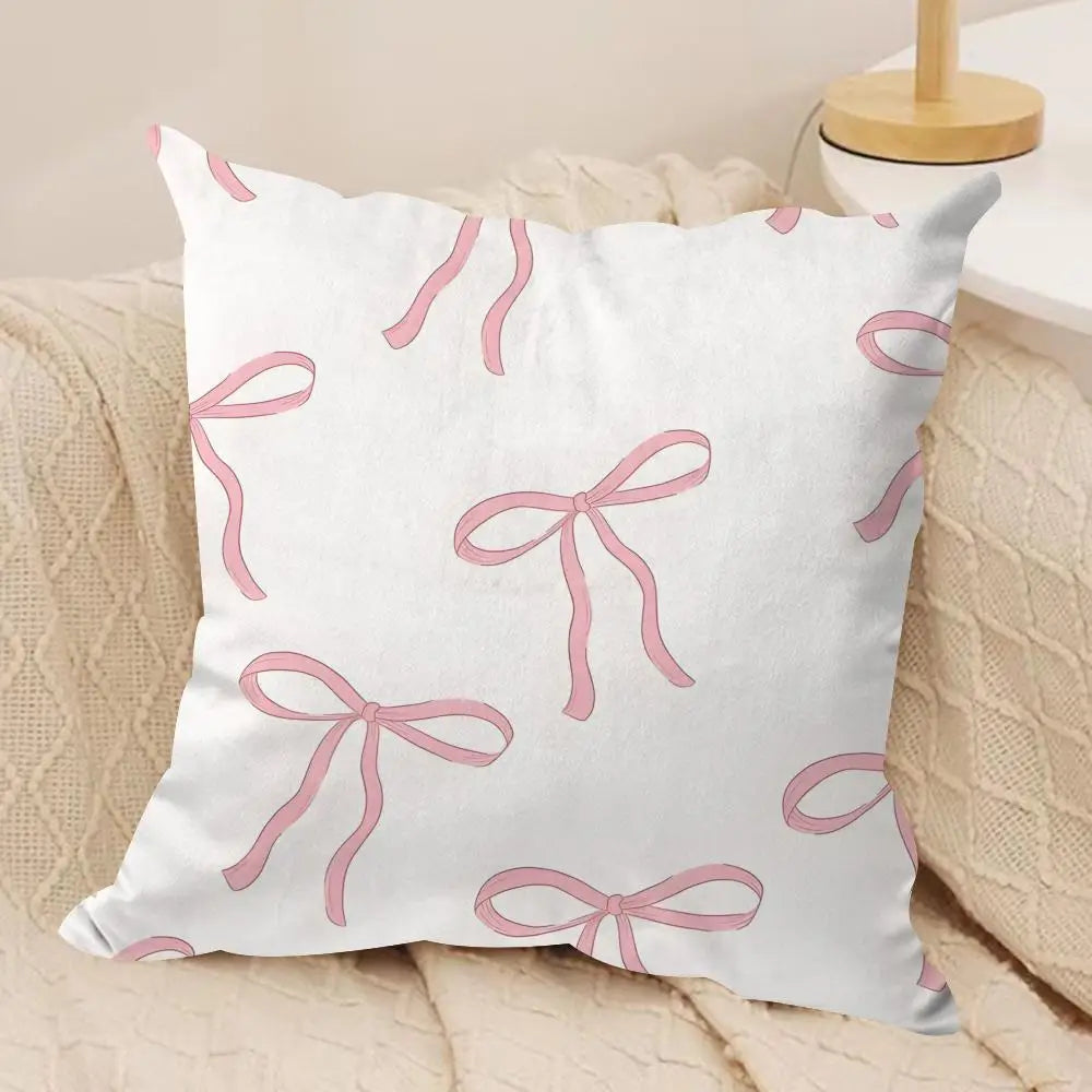 Pink Bow Cherry Cushion Cover Soft Plush Fabric Double-Sided