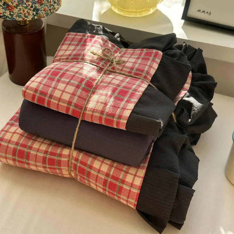 Plaid Bedding Set Double Yarn Classic Vintage Duvet Cover Set Flat Sheets Set 2 Pillowcases