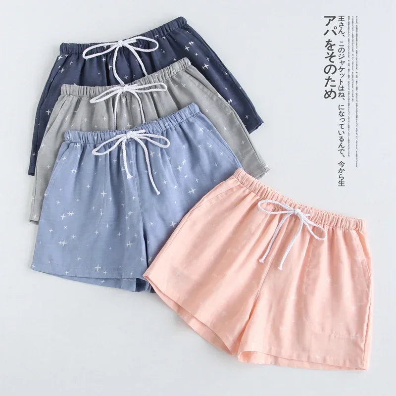 Lattice Style Pure Cotton Gauze Shorts with Simple Elastic Waist