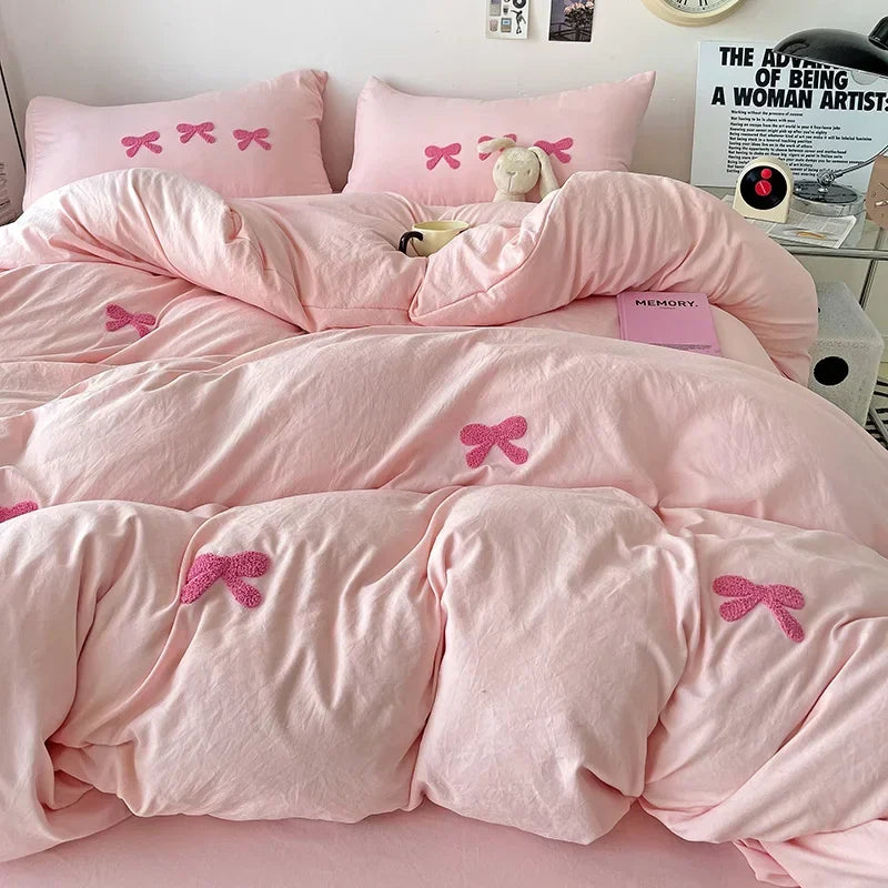 3D Embroidered Bow Quilt Set Cotton Pink Comfortable Soft Bedding