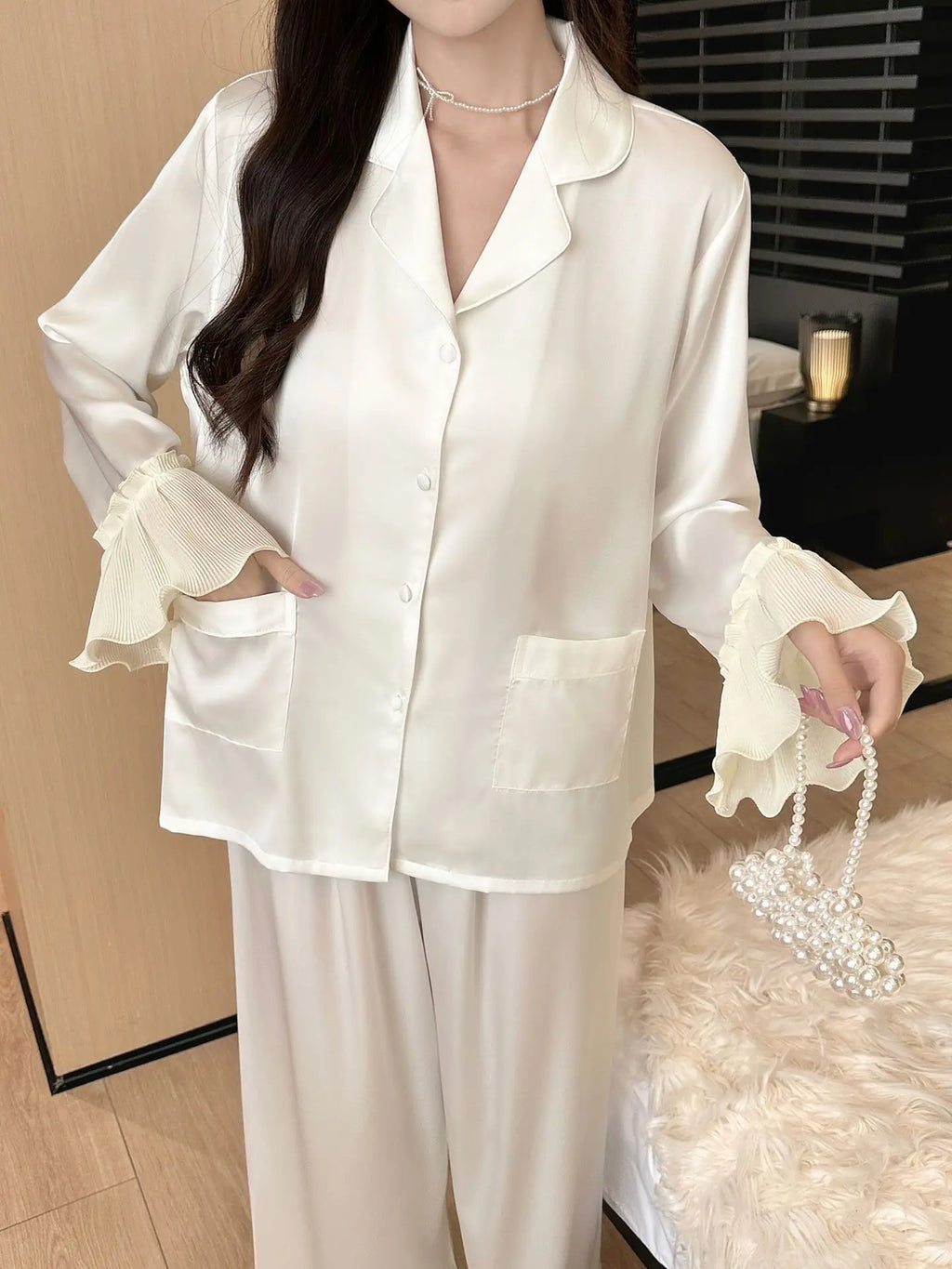 Women's Long-Sleeved Two-piece Silk Pajamas Set Solid Color Cool Nightgown