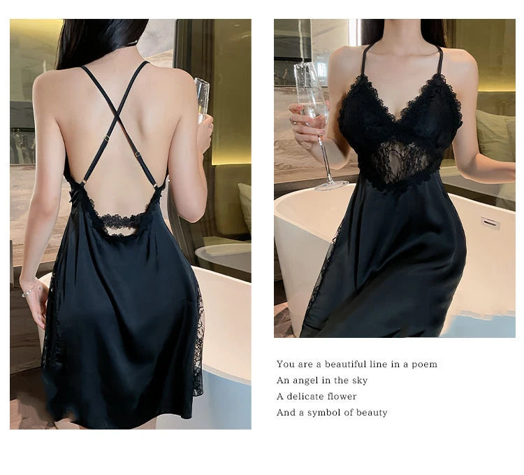 Sexy Camisole Nightgown Satin Deep V Backless Luxury Sleepwear