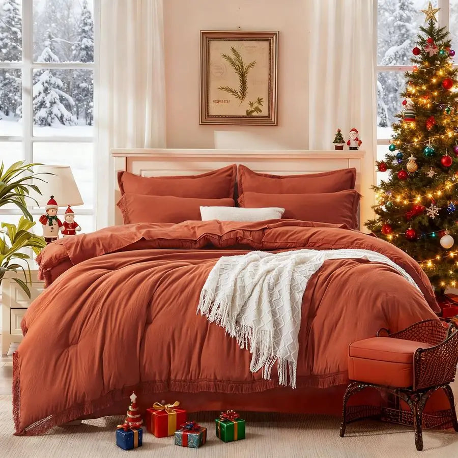 King Size Comforter Set with Sheets Burnt Orange 7 Pieces Bed in a Bag Boho Soft Lightweight Bedding Sets,l Terracotta Rust Tasse