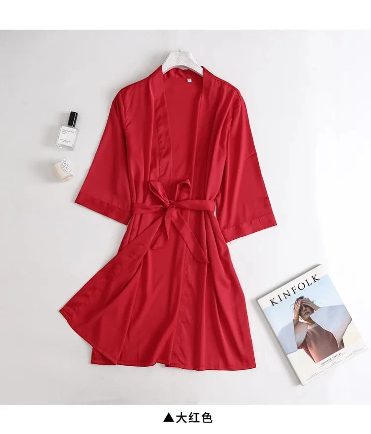 Ladies Bride- style Morning 3/4 Sleeve Loose Female Silk Satin Kimono Lingerie Gown