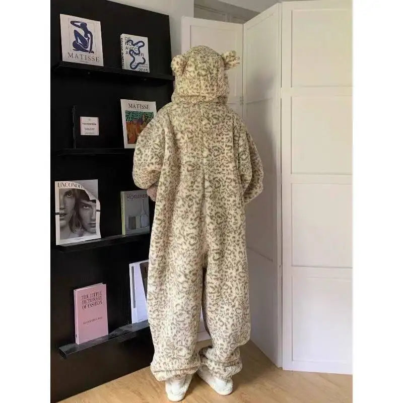 Leopard Hooded Onesie Flannel Pochets Overall Slippers Set