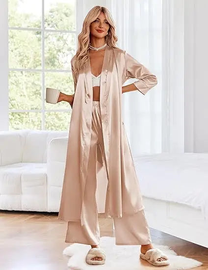 Satin Robe Belted Elegant Solid Color Silky Comfort Bathrobe Loungewear
