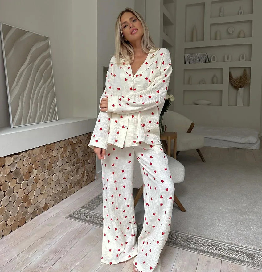 Women's Heart Print Long-Sleeve Lapel Chest Pocket Top And Pants Soft Cotton Fabric Loose Sleepwear
