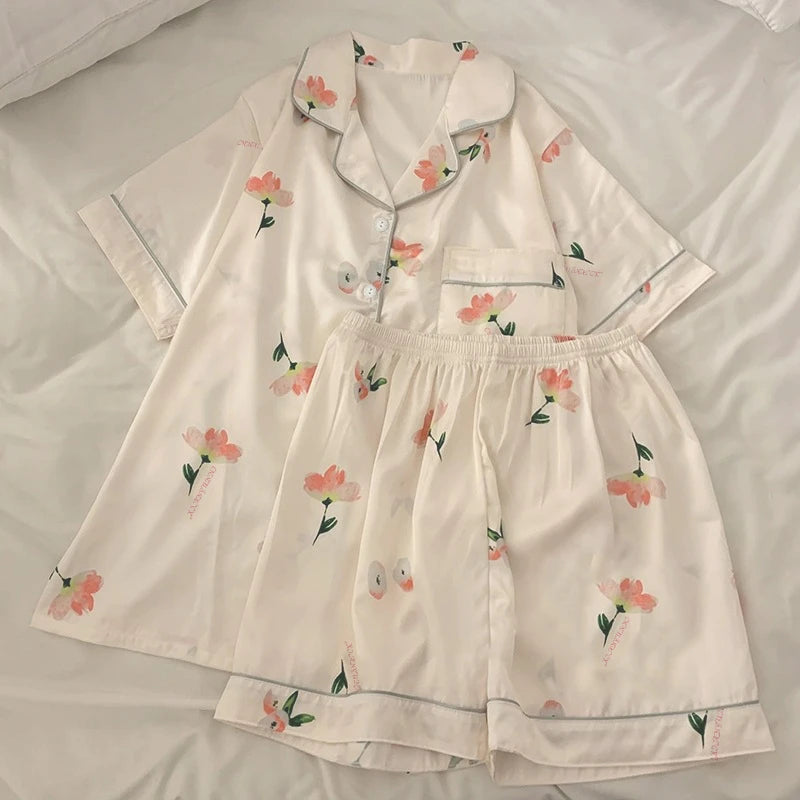 Sweet Peony Floral Prints Silk Female Casual Sleepwear