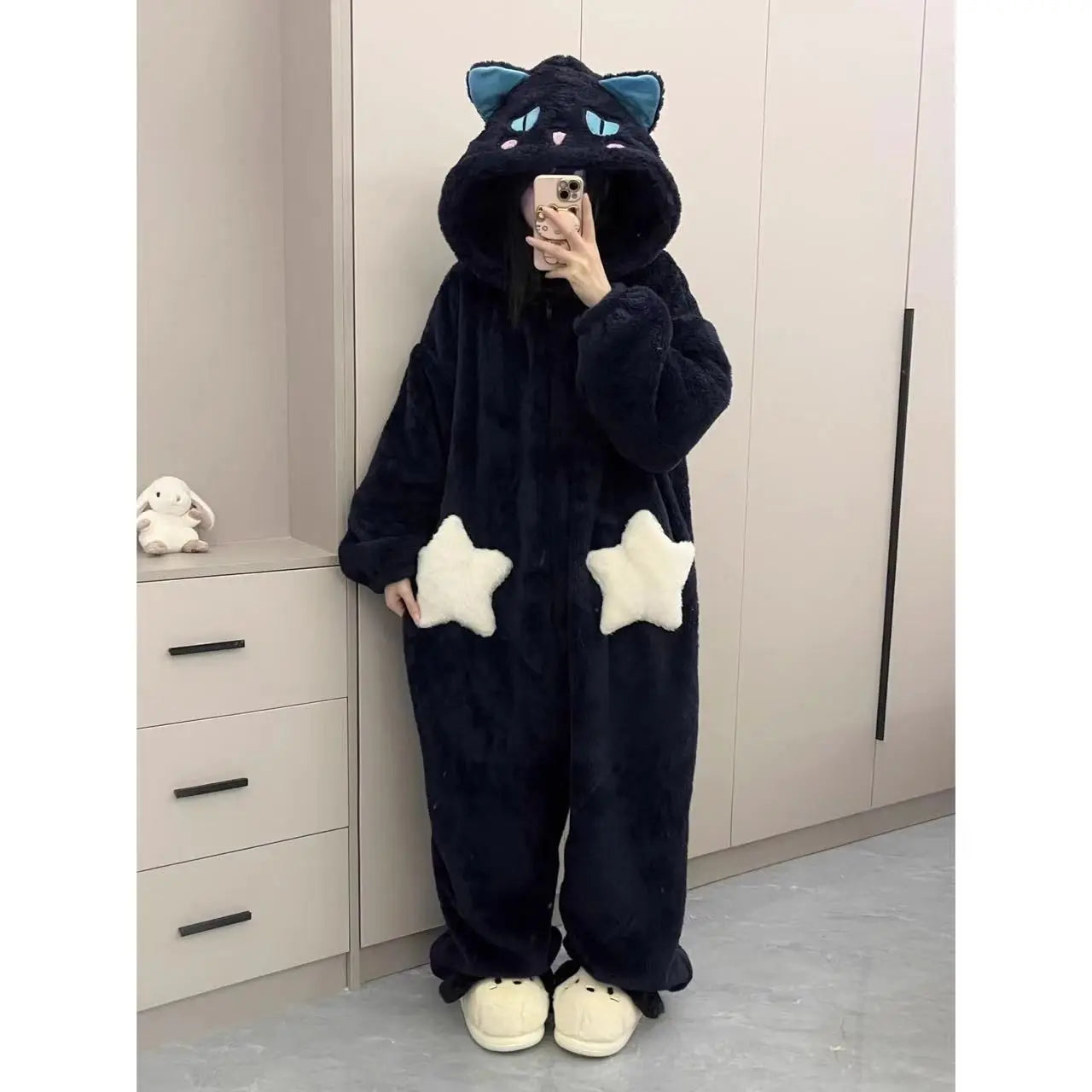 Star Patch Cute Jumpsuit Coral Fleece Pajamas