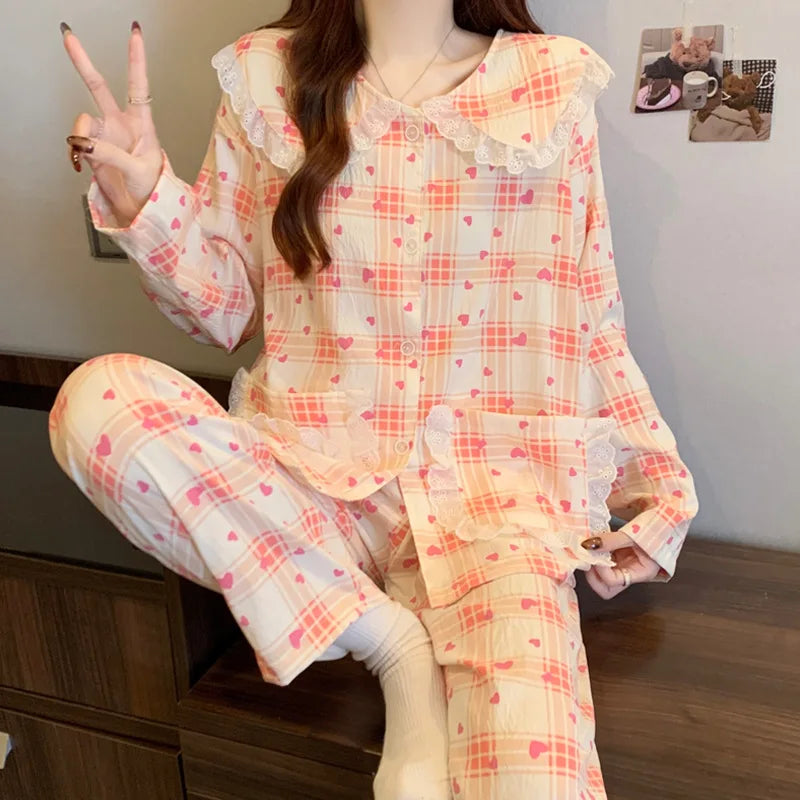 Spring Cloud-Print Cotton-Trimmed Collar Checked Sets