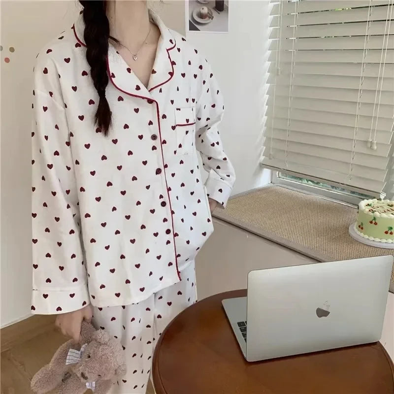 Cozy Heart Print Long Sleeve Pajama Set