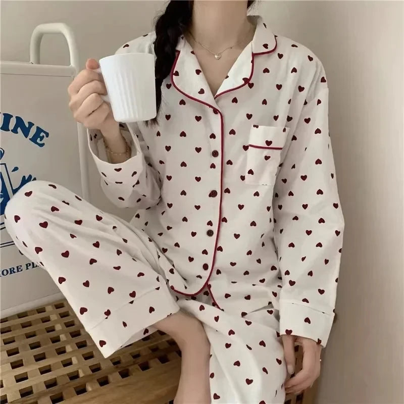Cozy Heart Print Long Sleeve Pajama Set