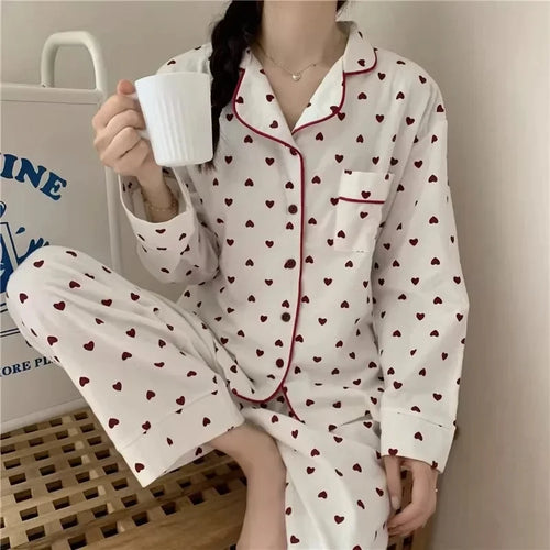 Cozy Heart Print Long Sleeve Pajama Set