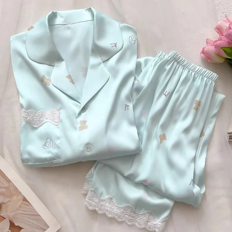 Bear Print Silk Short Sleeve Pants Loungewear Cardigan Lace Two-Piece Set